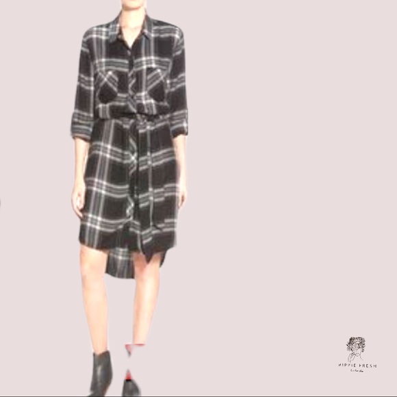 beachlunchlounge Dresses & Skirts - BeachLunchLounge Brand B&W Plaid Thin Flannel Long Sleeve Shirt Dress Size L